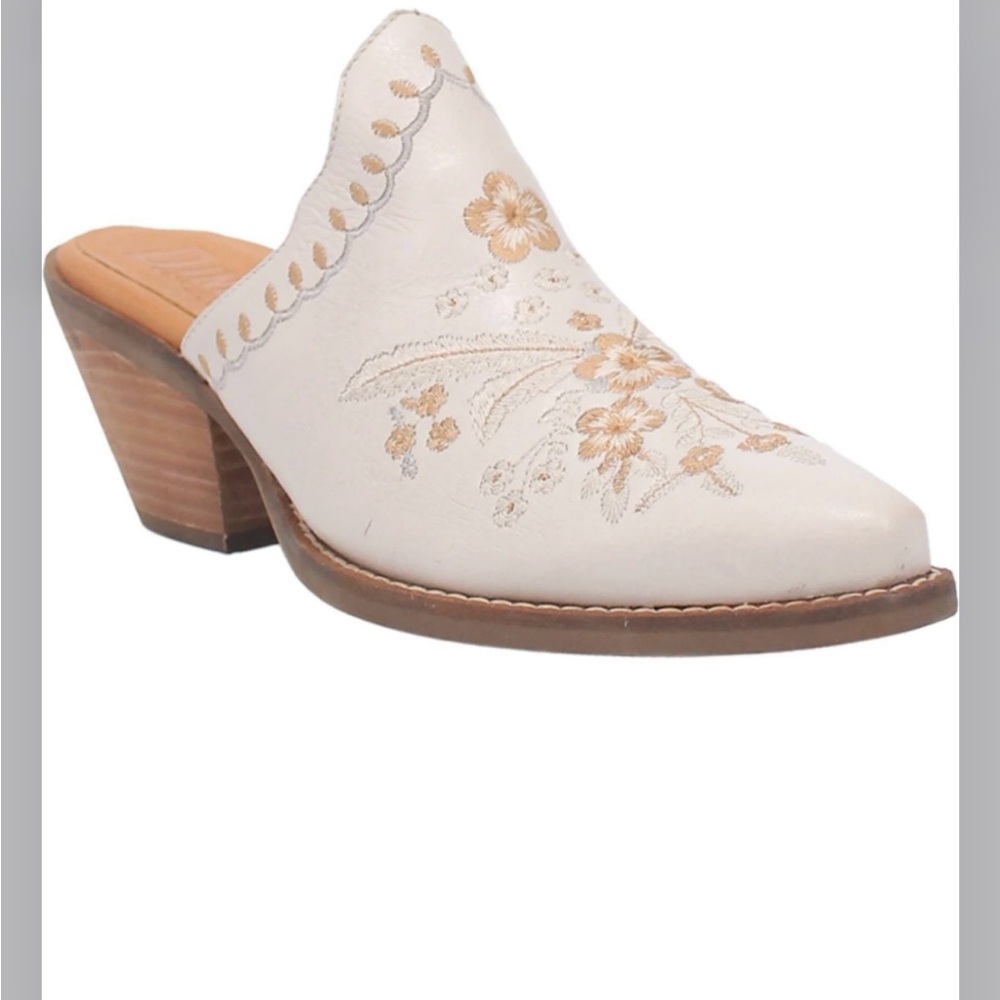 Dingo White and Brown Embroidered Mules with Stacked Heel